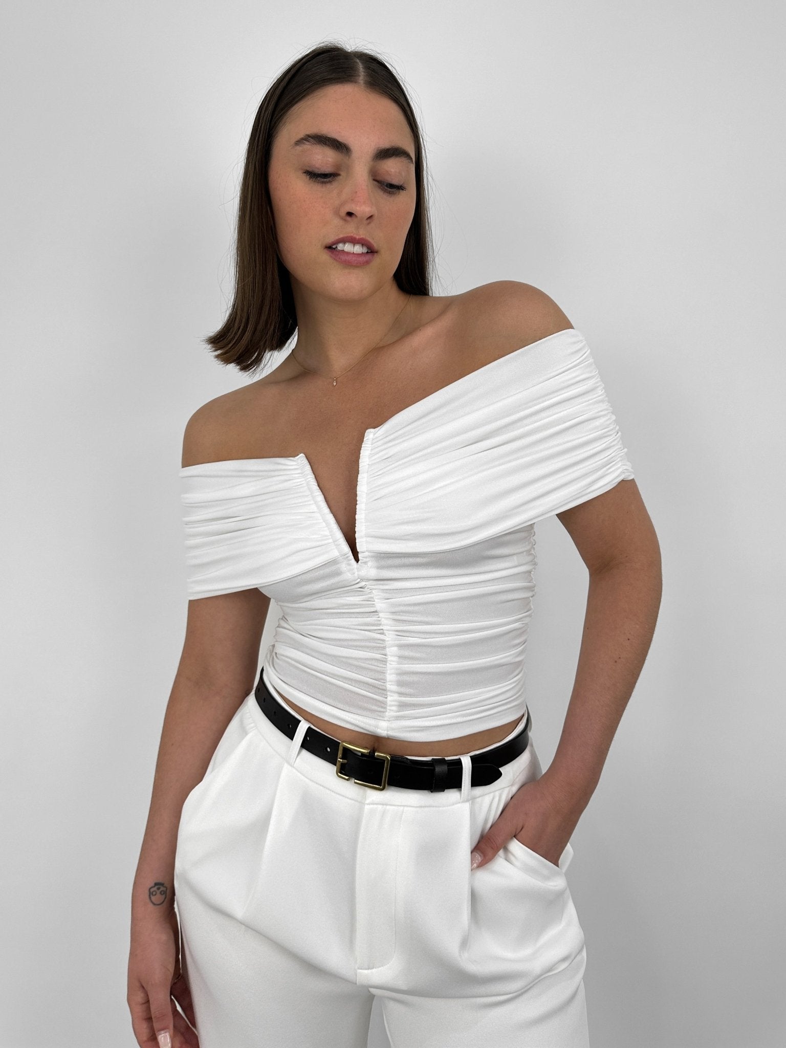 Ruched Off The Shoulder V Neck Top - Vamp Official