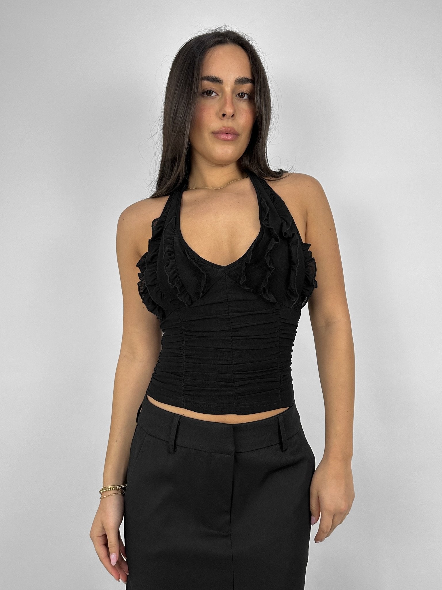 Ruffle Chest Ruched Halter Top - Vamp Official