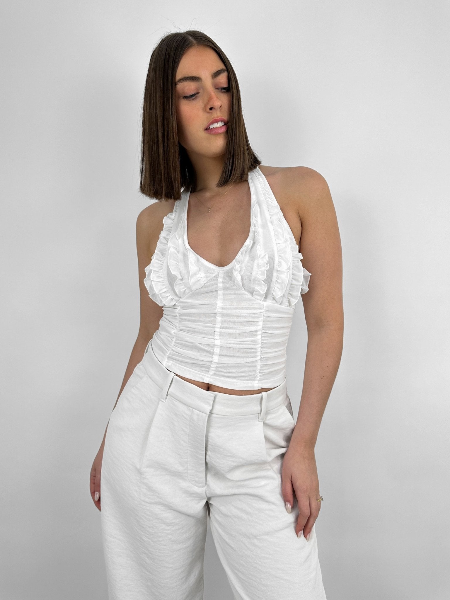 Ruffle Chest Ruched Halter Top - Vamp Official