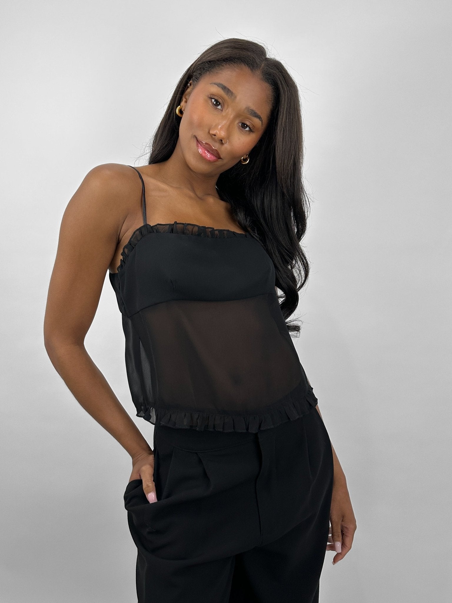 Ruffle Detail Sheer Tie Back Top - Vamp Official