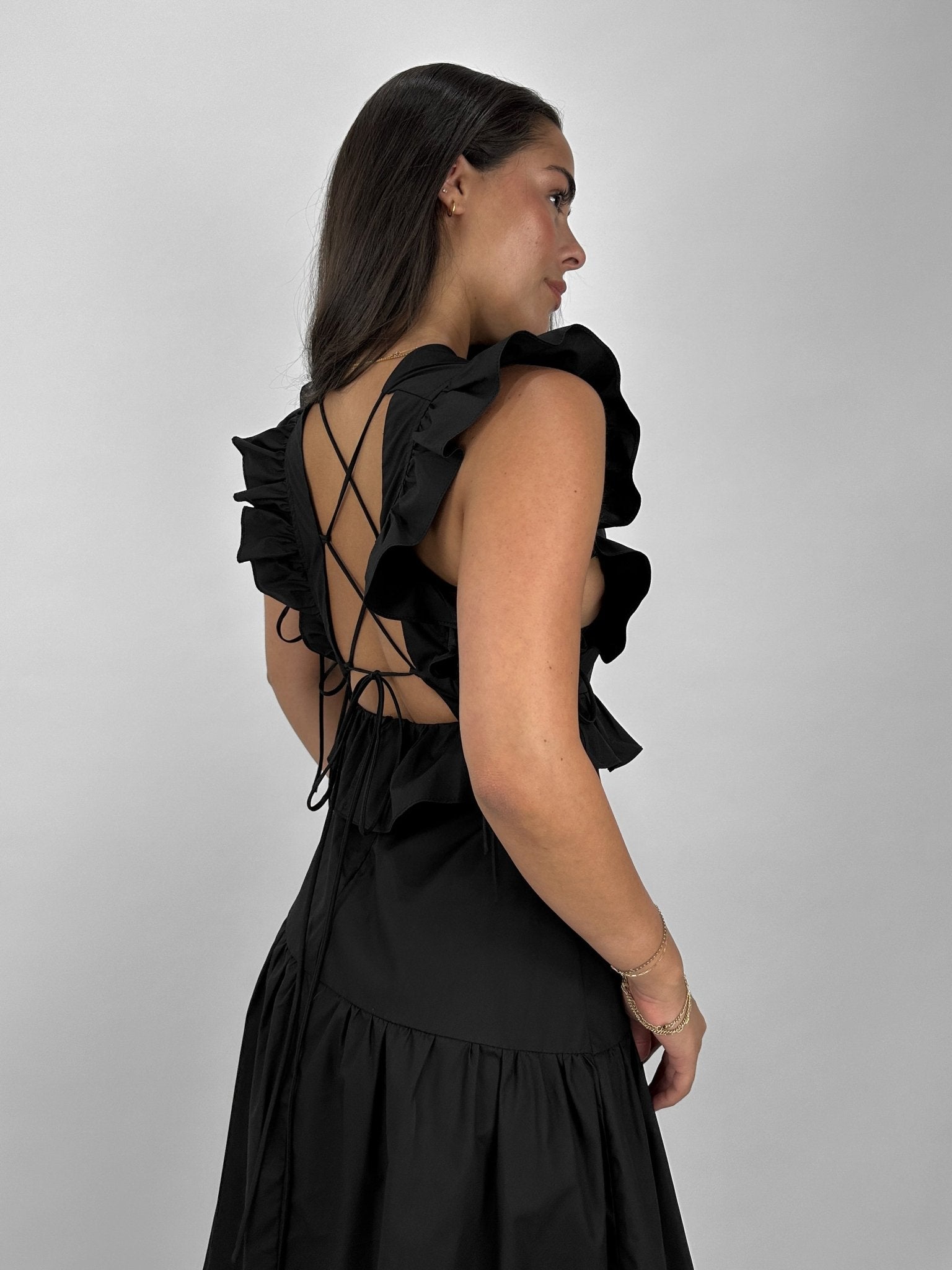 Ruffle Trim Tie Detail Midi Dress - Vamp Official