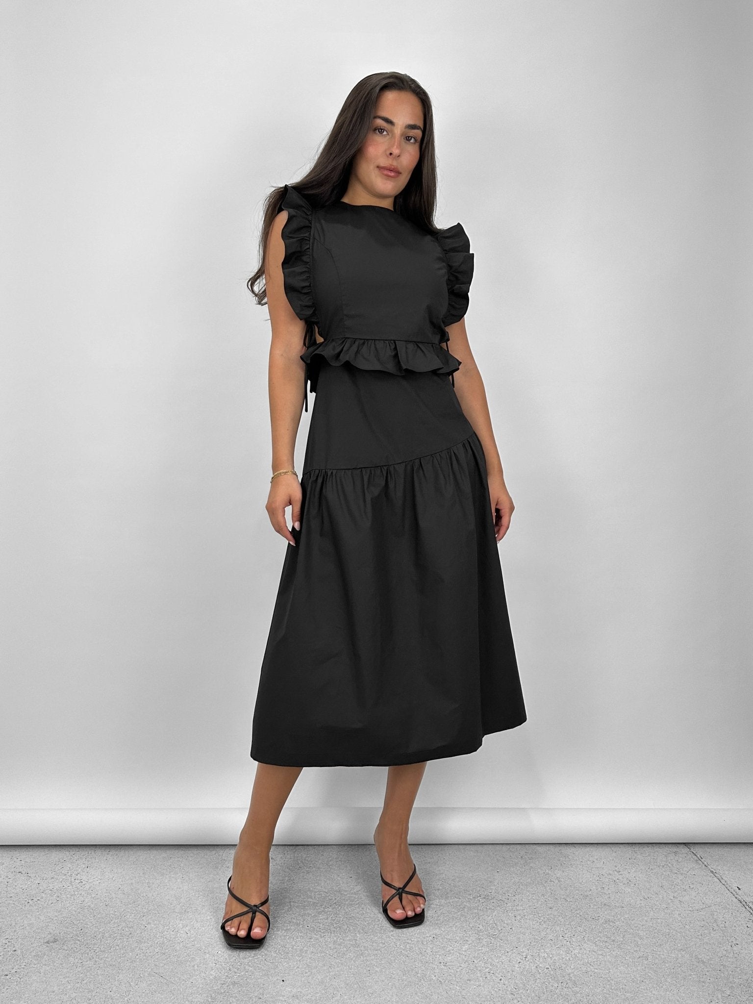 Ruffle Trim Tie Detail Midi Dress - Vamp Official