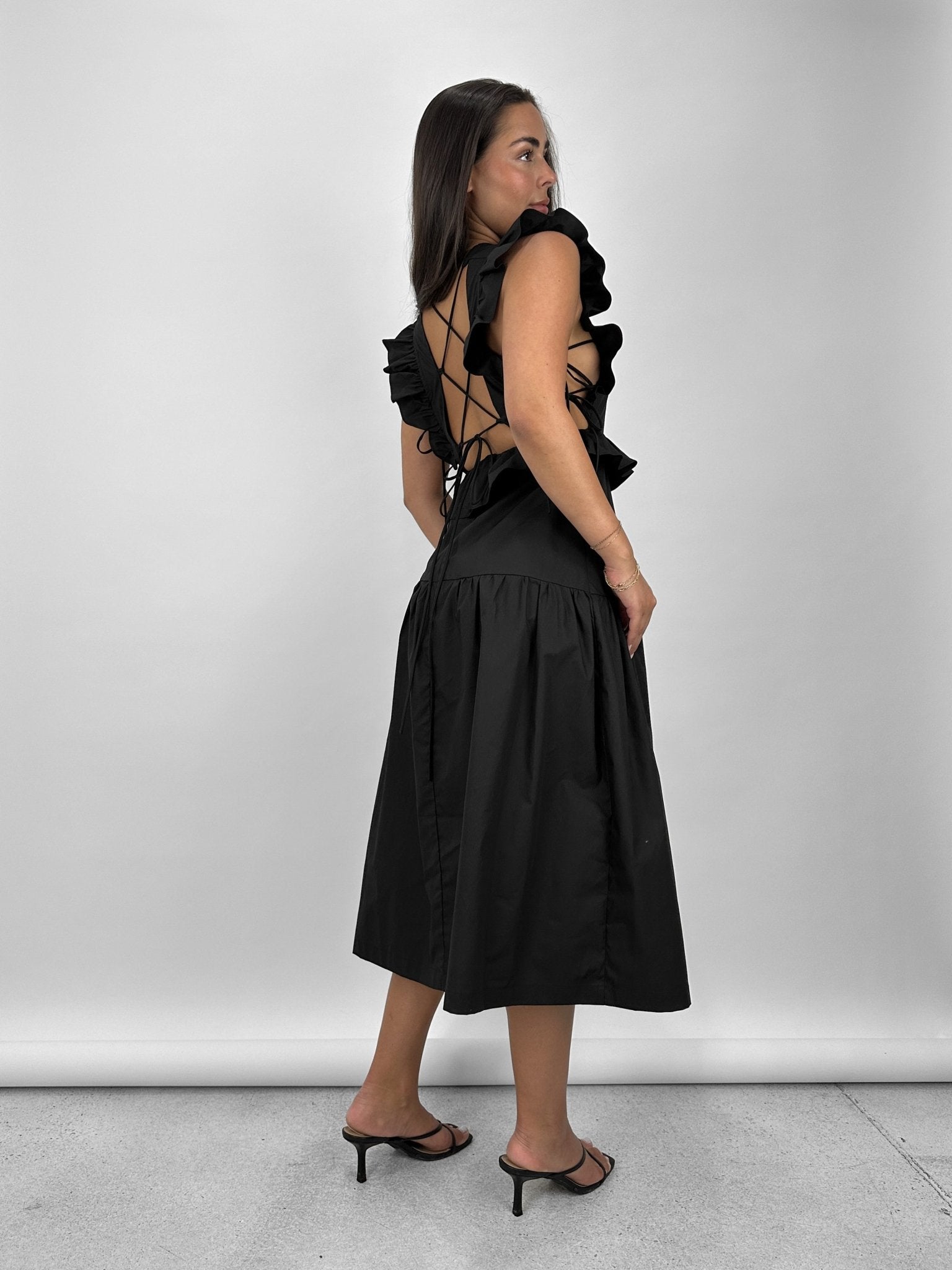 Ruffle Trim Tie Detail Midi Dress - Vamp Official