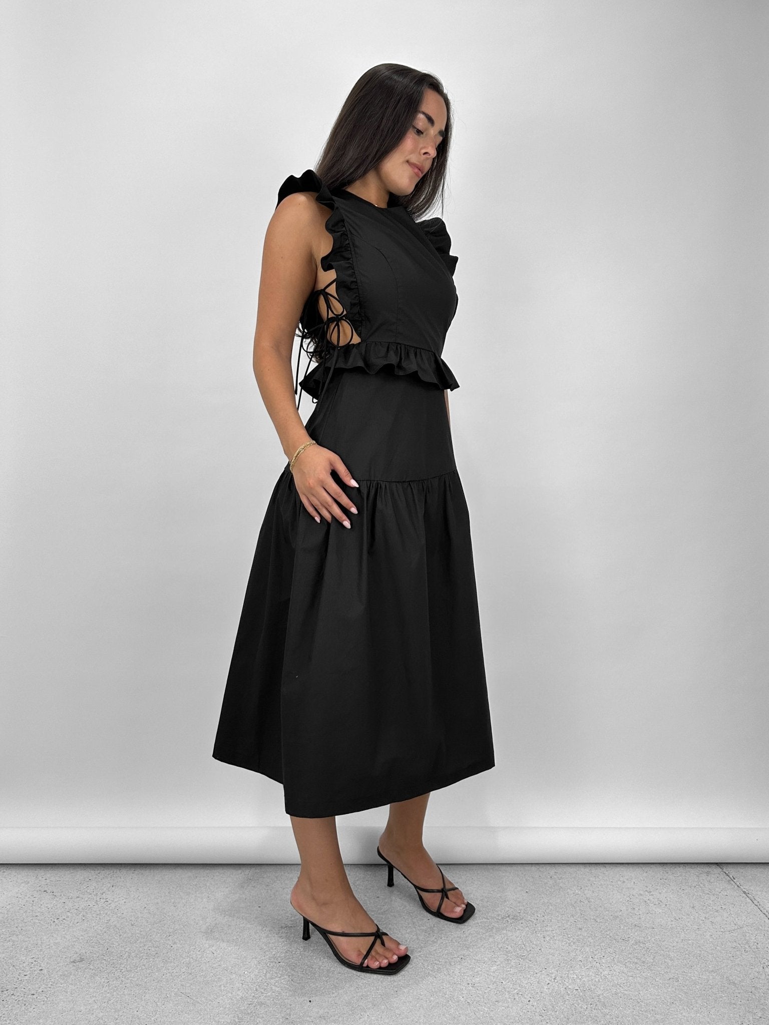 Ruffle Trim Tie Detail Midi Dress - Vamp Official