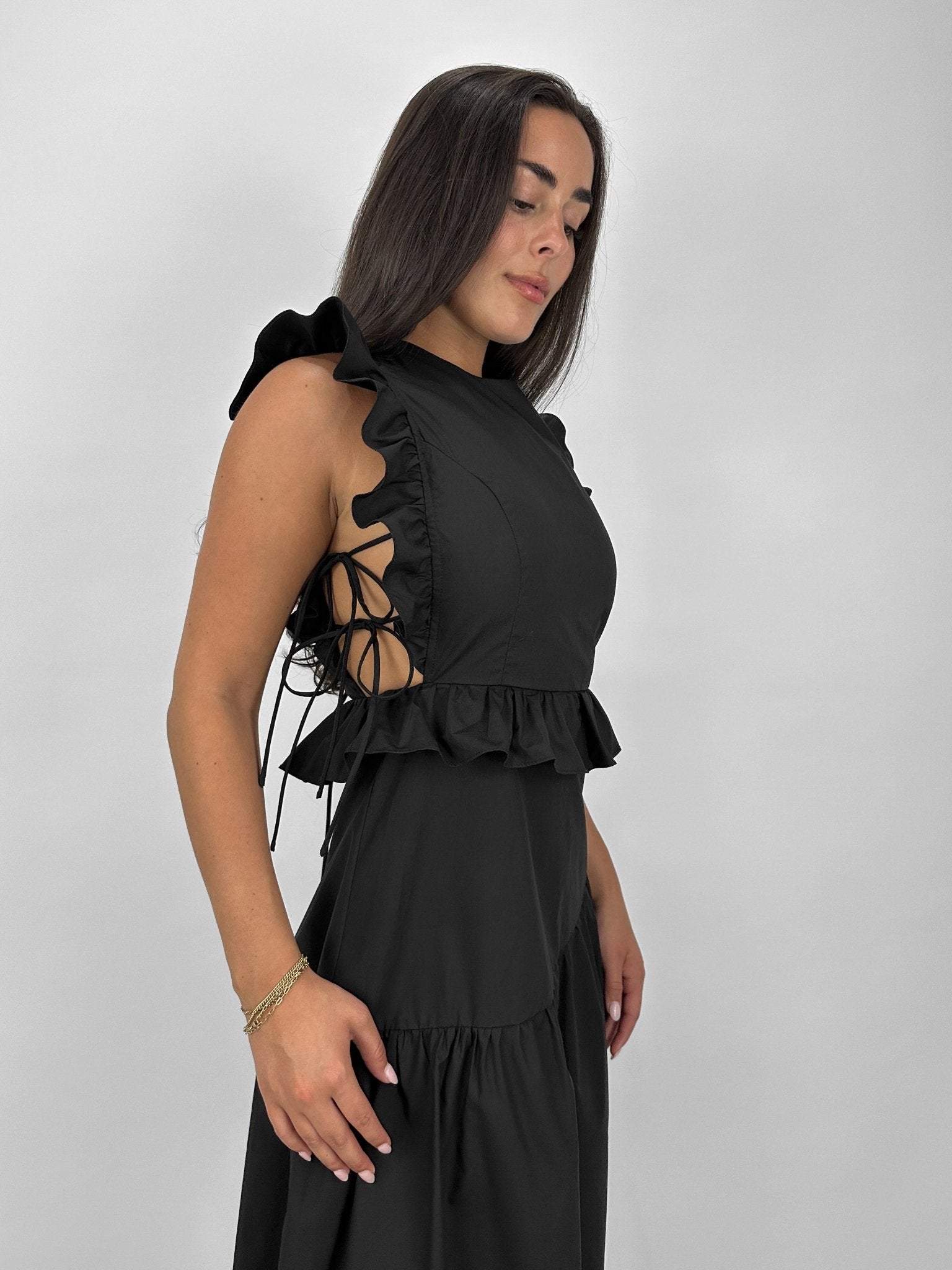 Ruffle Trim Tie Detail Midi Dress - Vamp Official