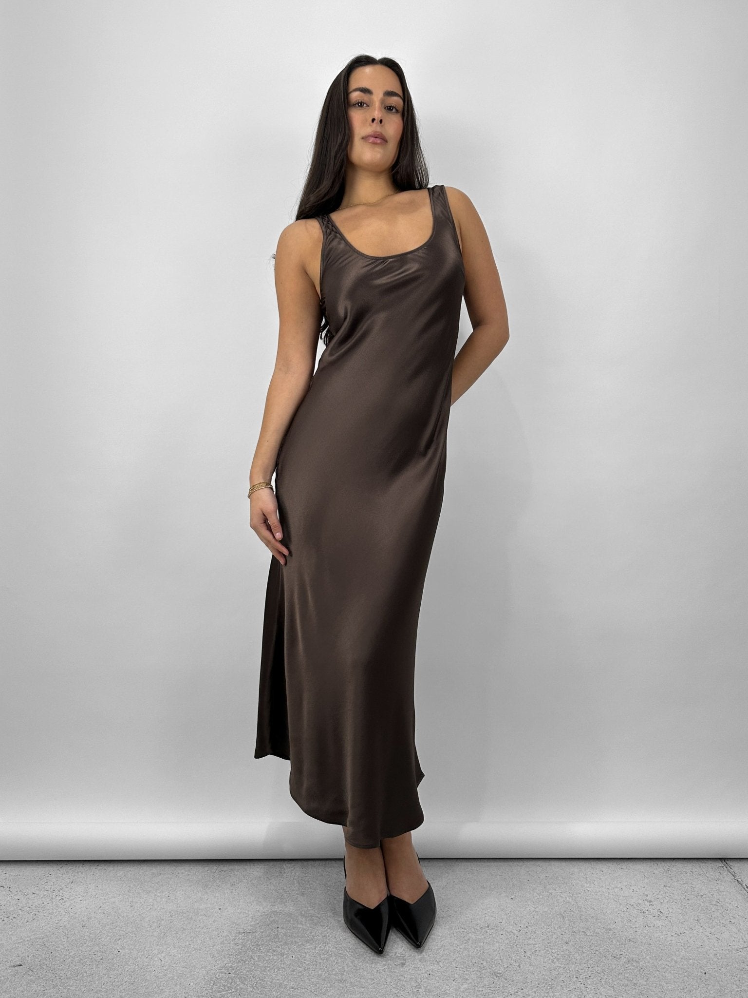 Scoop Neck Satin Midi Dress - Vamp Official