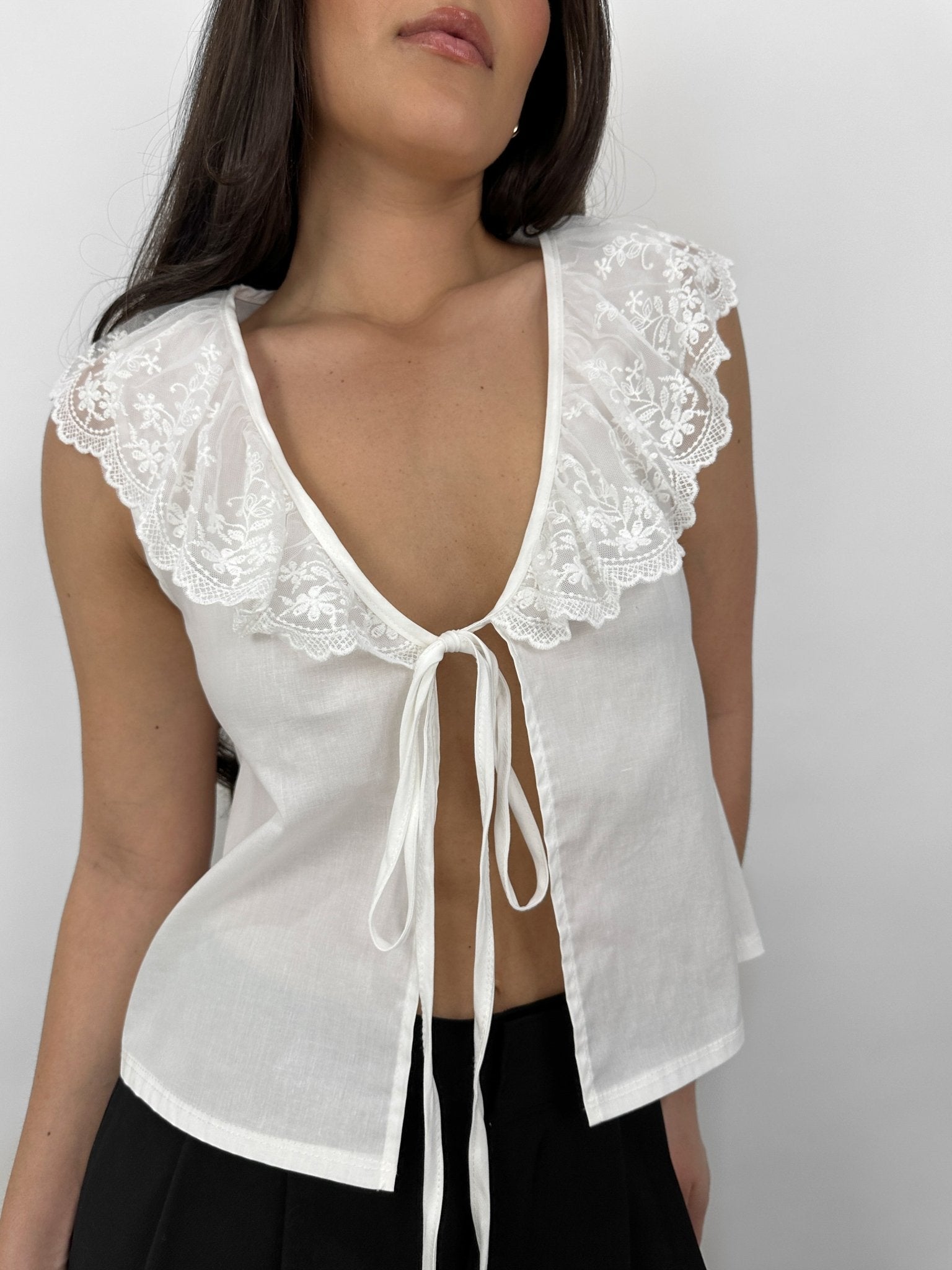 Tie Front Lace Collar Top - Vamp Official