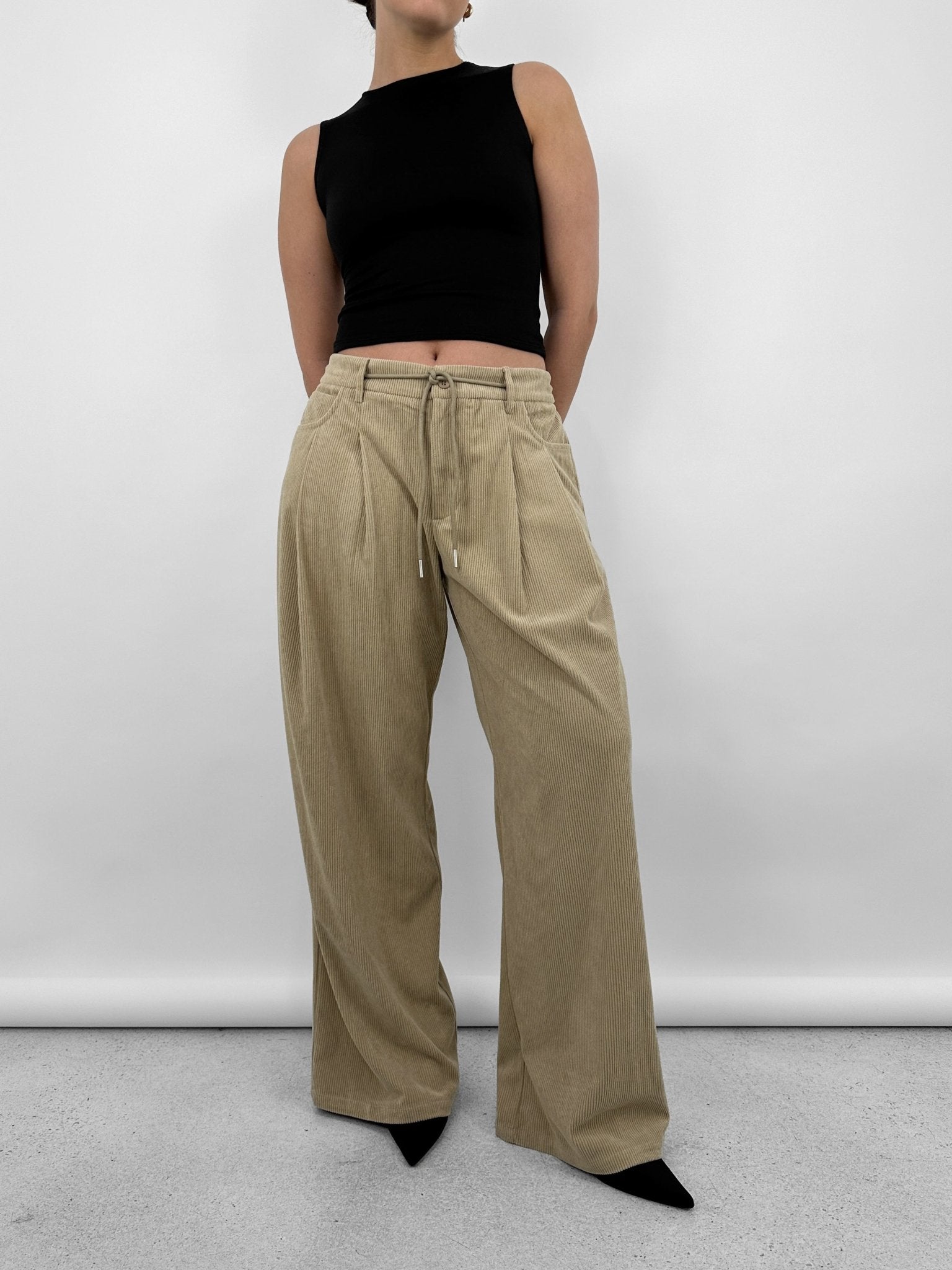 Tie Waist Slouch Fit Corduroy Trousers - Vamp Official