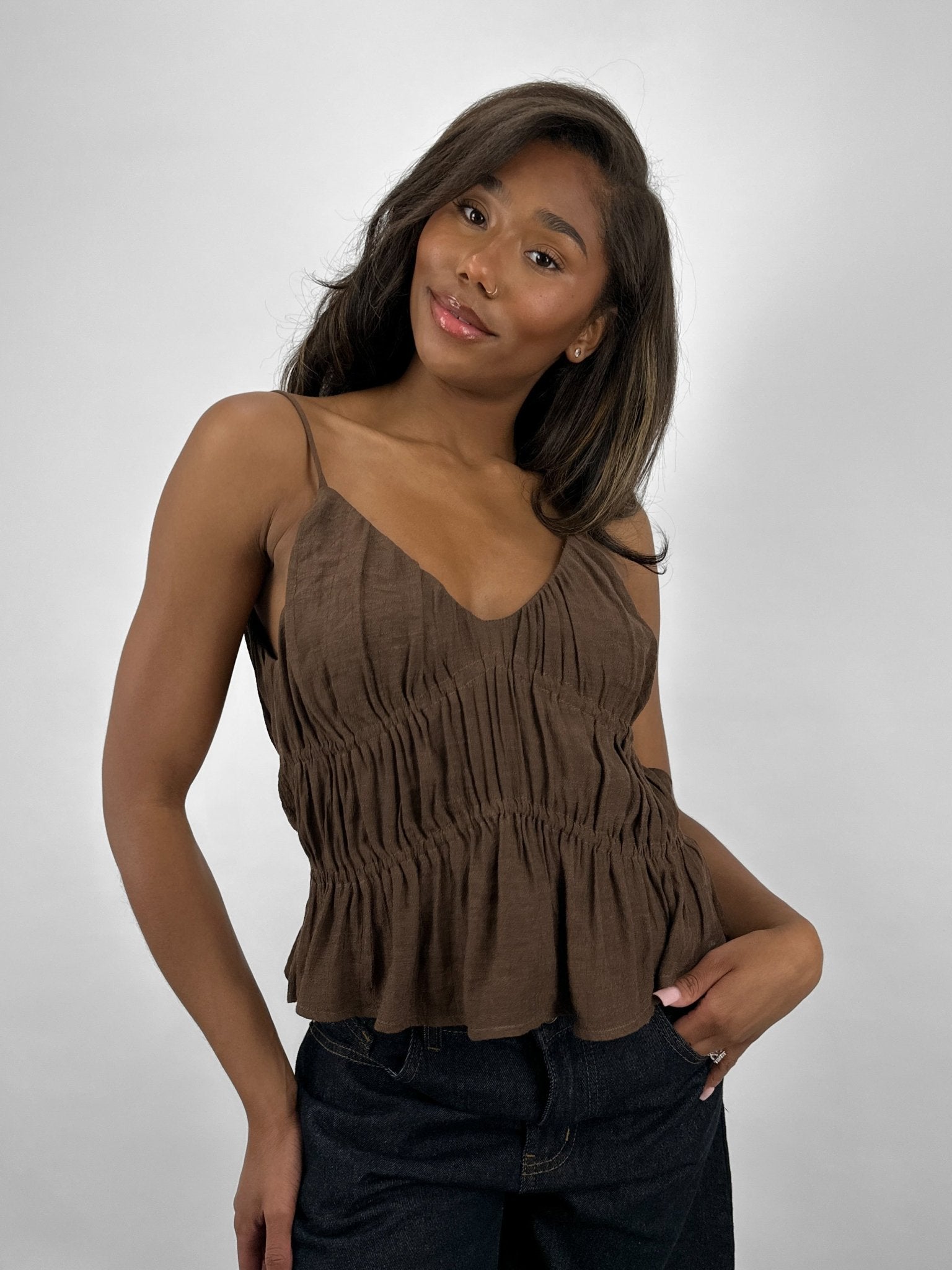 Tiered Woven Tie Shoulder Tank - Vamp Official