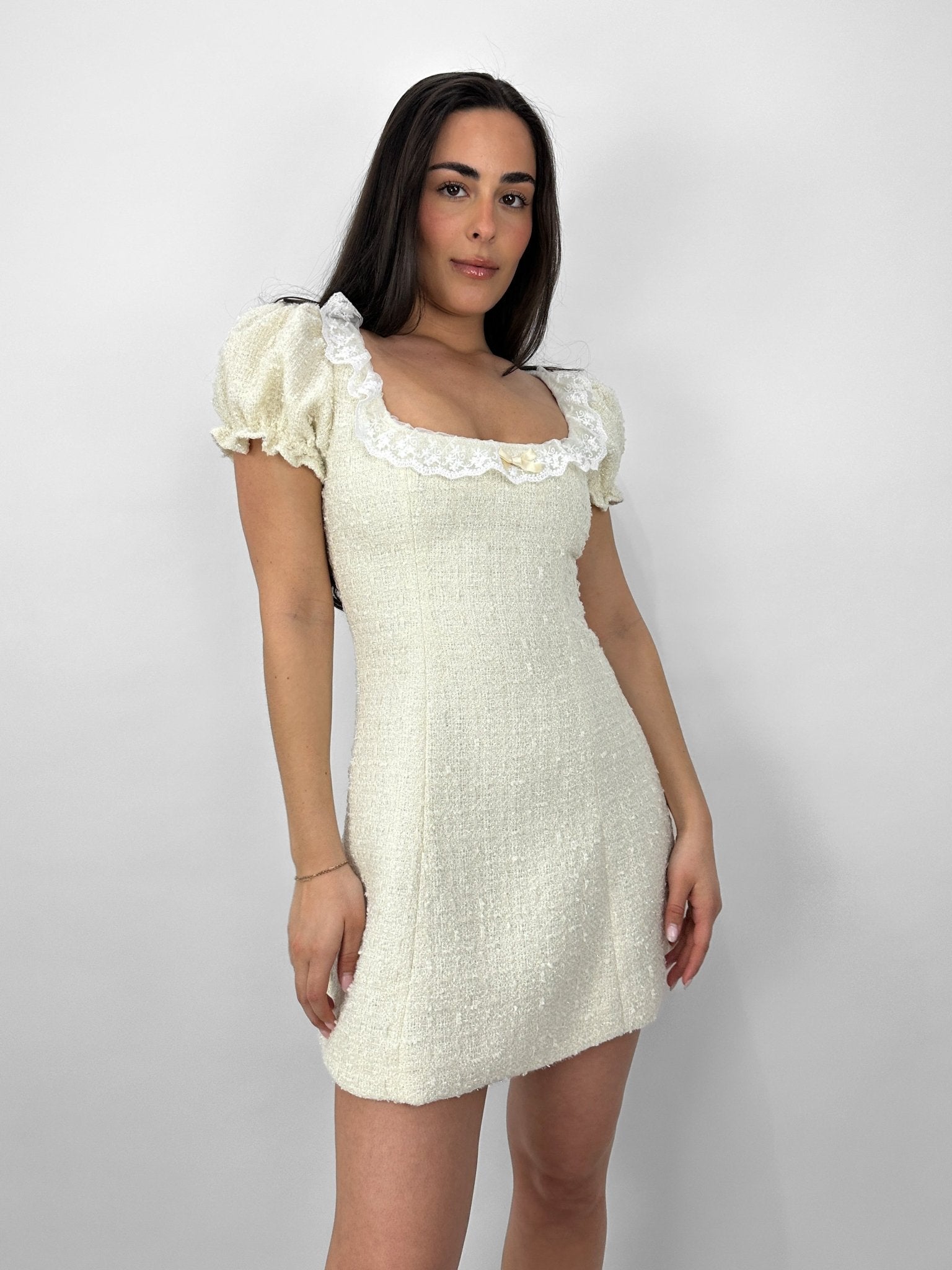 Tweed Lace Trim Mini Dress - Vamp Official