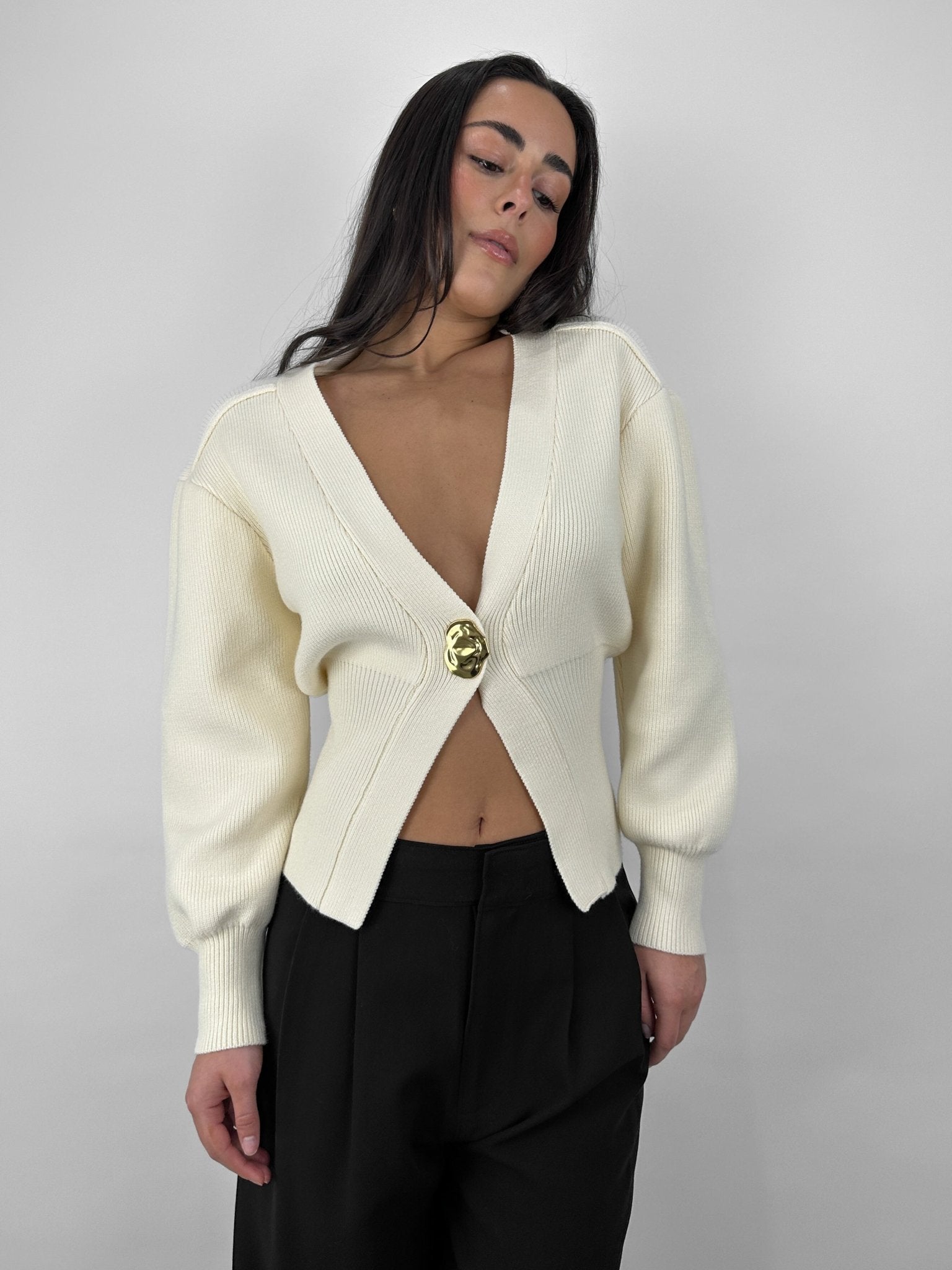 V Neck Organic Gold Button Cardigan - Vamp Official