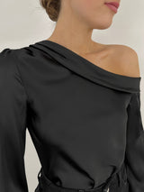 Asymmetrical Satin Draped Long Sleeve - Vamp Official