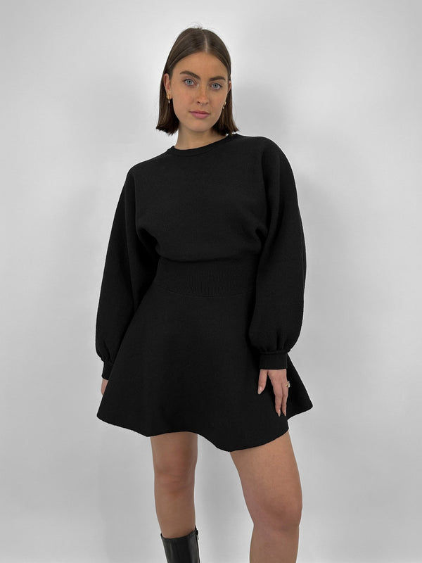 Banded Waist Long Sleeve Knit Dress - Vamp Official