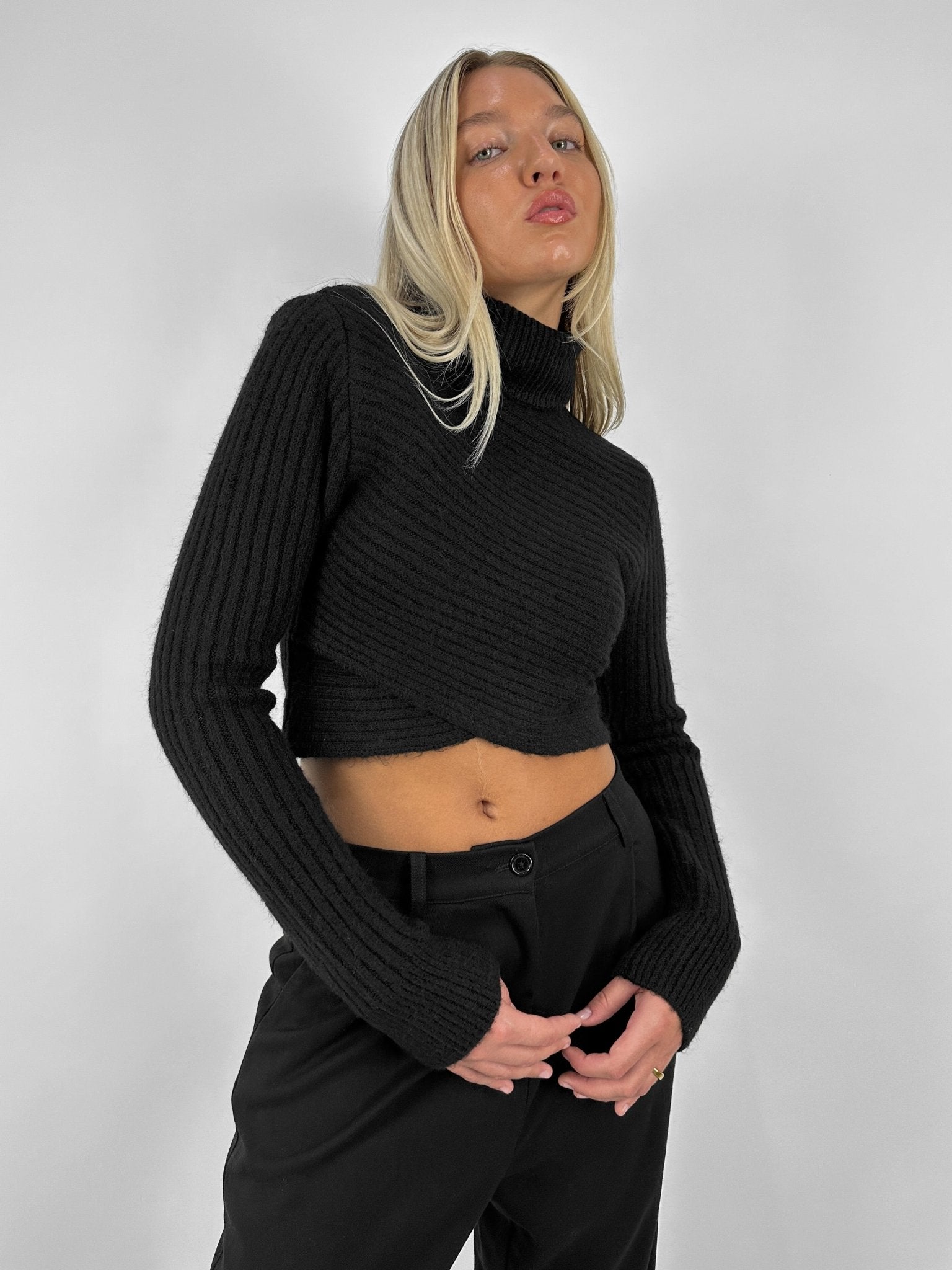 Cross Front Turtleneck Cropped Sweater - Vamp Official