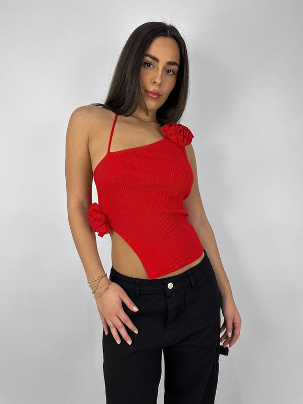 Flower Detail Ribbed Knit Halter Top - Vamp Official