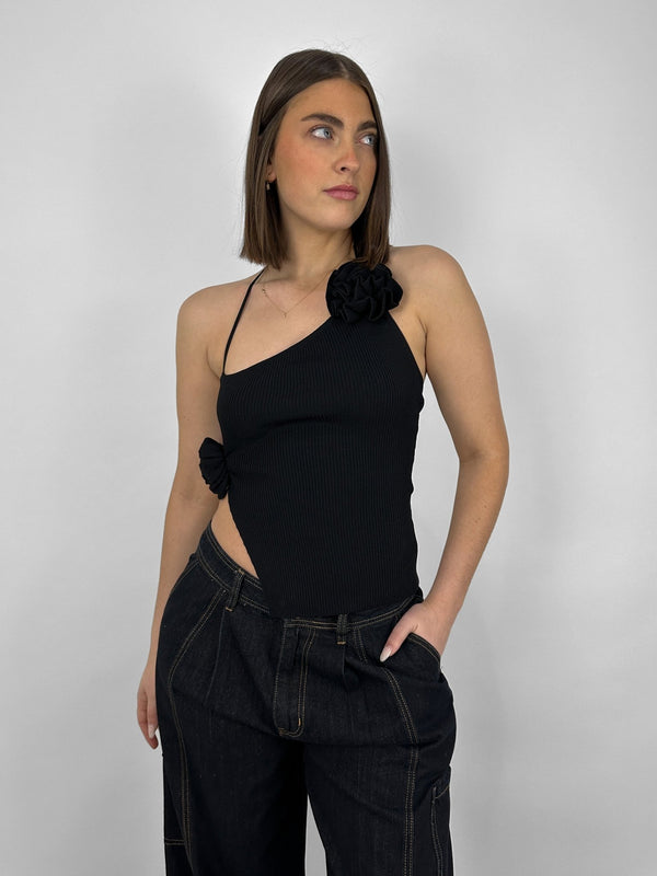Flower Detail Ribbed Knit Halter Top - Vamp Official