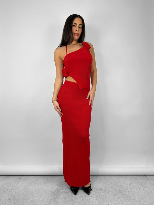Flower Detail Ribbed Knit Halter Top - Vamp Official