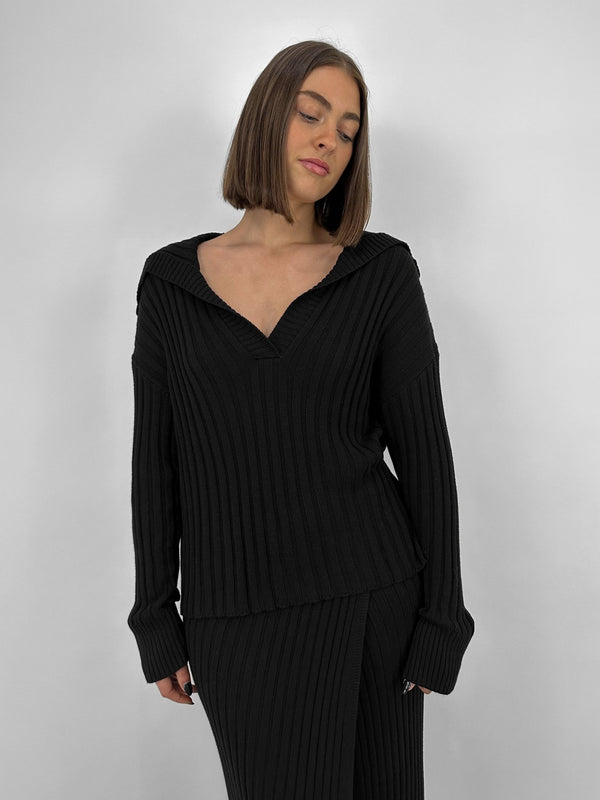 Folded Collar Ribbed Knit Sweater - Vamp Official