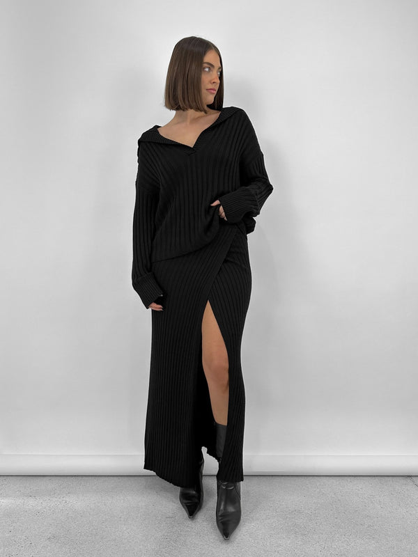Folded Collar Ribbed Knit Sweater - Vamp Official
