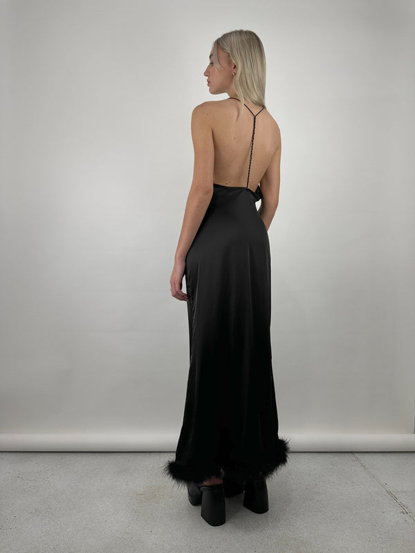 Fur Hem Satin Slip Midi Dress - Vamp Official