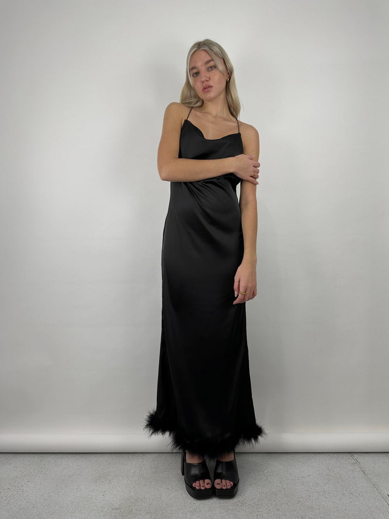 Black satin slip midi dress top