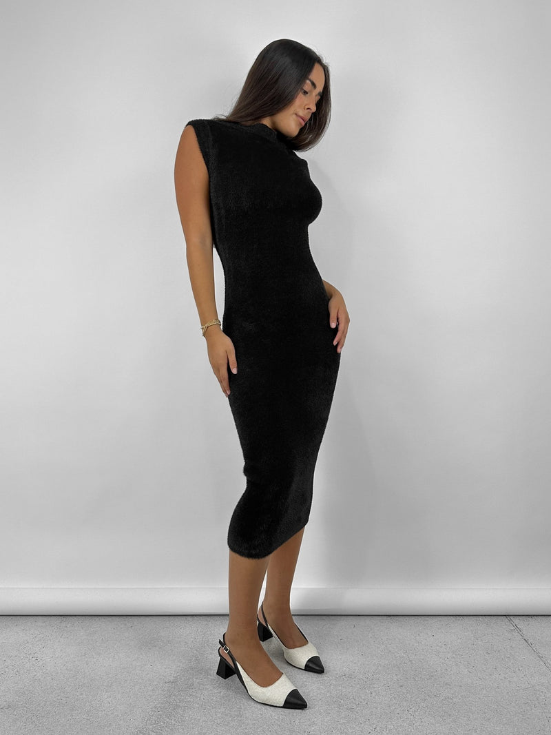 Fuzzy Wide Shoulder Midi Dress - Vamp Official