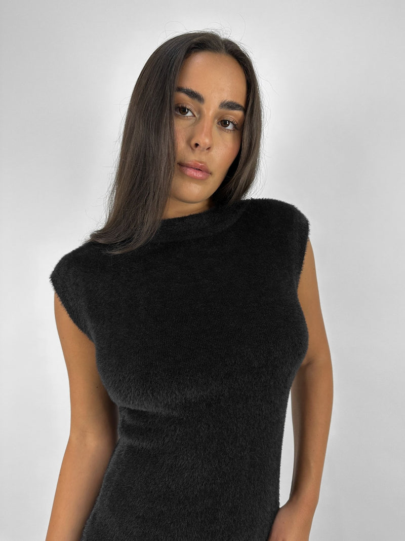Fuzzy Wide Shoulder Midi Dress - Vamp Official