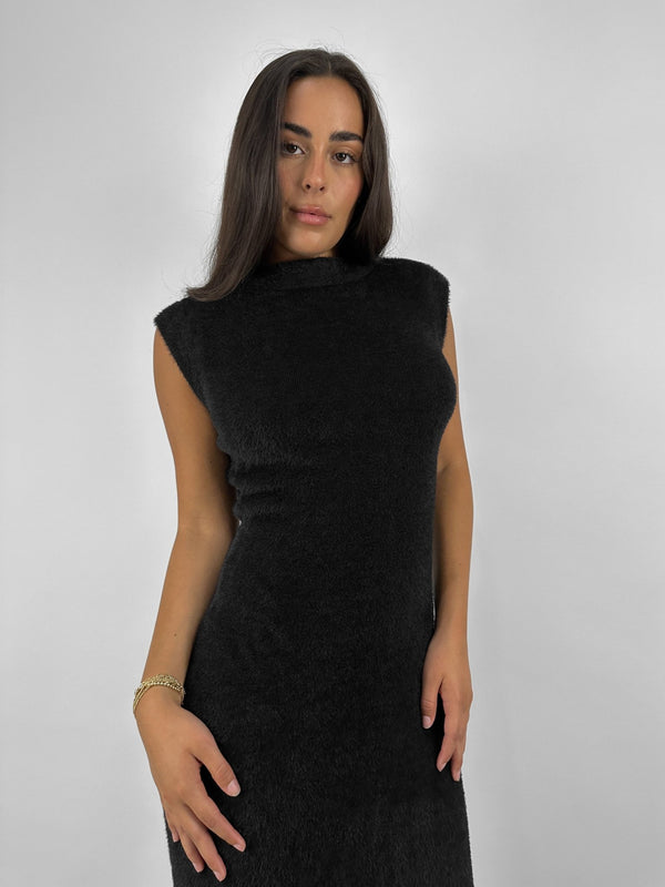 Fuzzy Wide Shoulder Midi Dress - Vamp Official