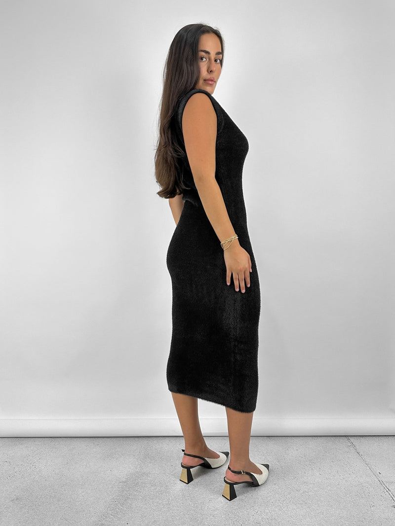 Fuzzy Wide Shoulder Midi Dress - Vamp Official