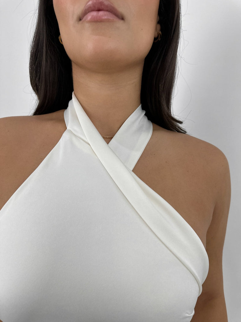 High Neck Overlapping Tie Midi Dress - Vamp Official