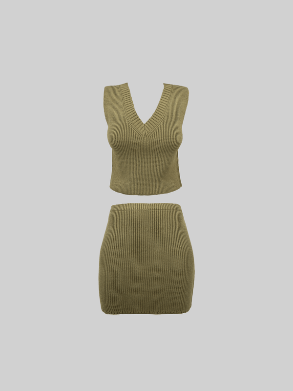 Knit V Neck Vest & Skirt Set - Vamp Official