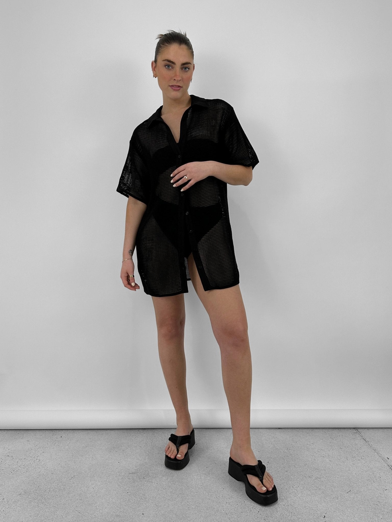 Mesh Button Down Collared Cover Up - Vamp Official