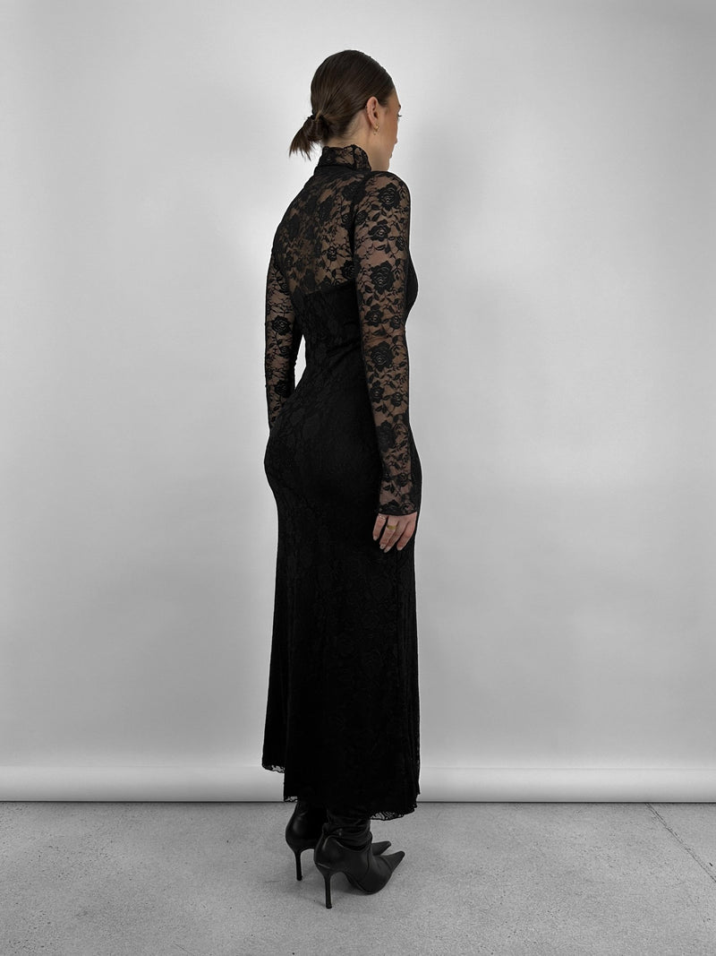 Mock Neck Rose Lace Long Sleeve Dress - Vamp Official