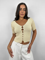 Peep Button Short Sleeve Knit Top - Vamp Official