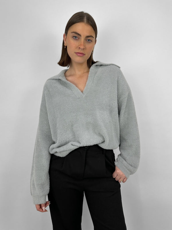 Plush Collared V Neck Sweater - Vamp Official