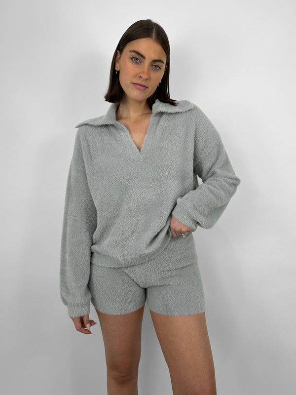 Plush Collared V Neck Sweater - Vamp Official