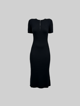 Ribbed Knit Button Short Sleeve Midi Dress - Vamp Official