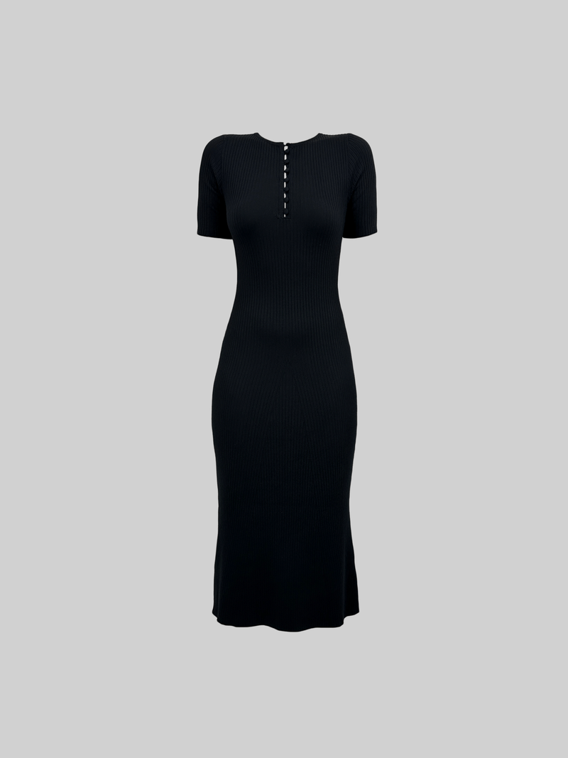 Ribbed Knit Button Short Sleeve Midi Dress - Vamp Official