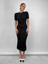Ribbed Knit Button Short Sleeve Midi Dress - Vamp Official