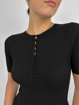 Ribbed Knit Button Short Sleeve Midi Dress - Vamp Official