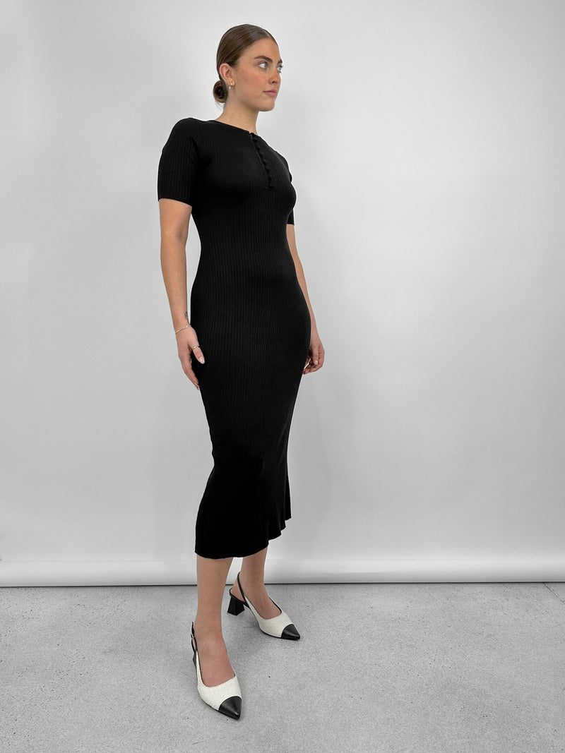 Ribbed Knit Button Short Sleeve Midi Dress - Vamp Official