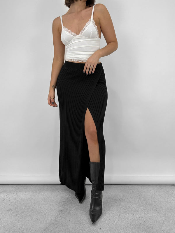 Ribbed Knit Leg Slit Midi Skirt - Vamp Official