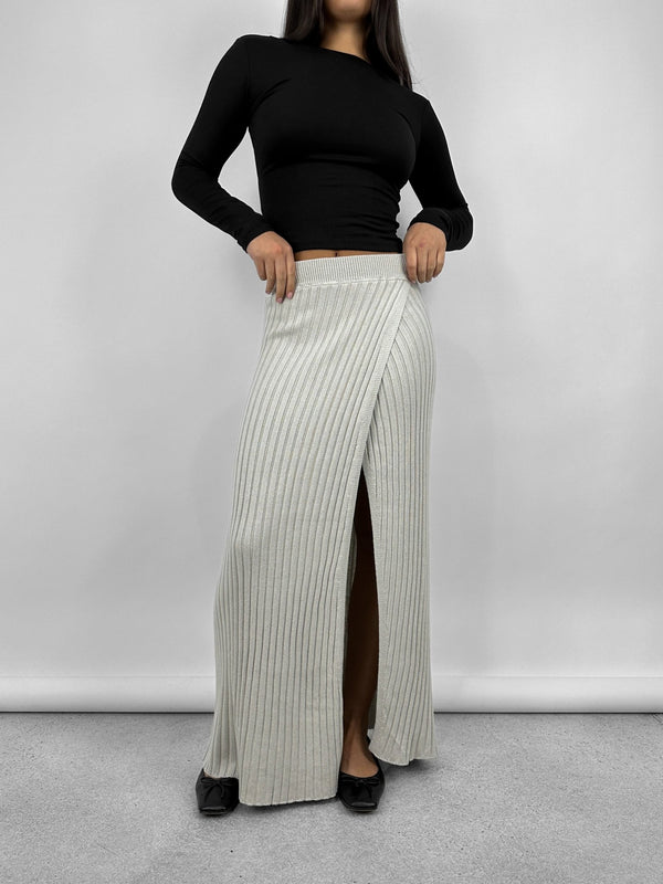 Ribbed Knit Leg Slit Midi Skirt - Vamp Official