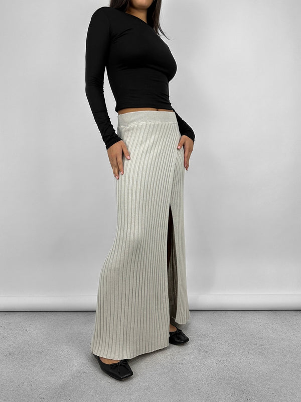 Ribbed Knit Leg Slit Midi Skirt - Vamp Official