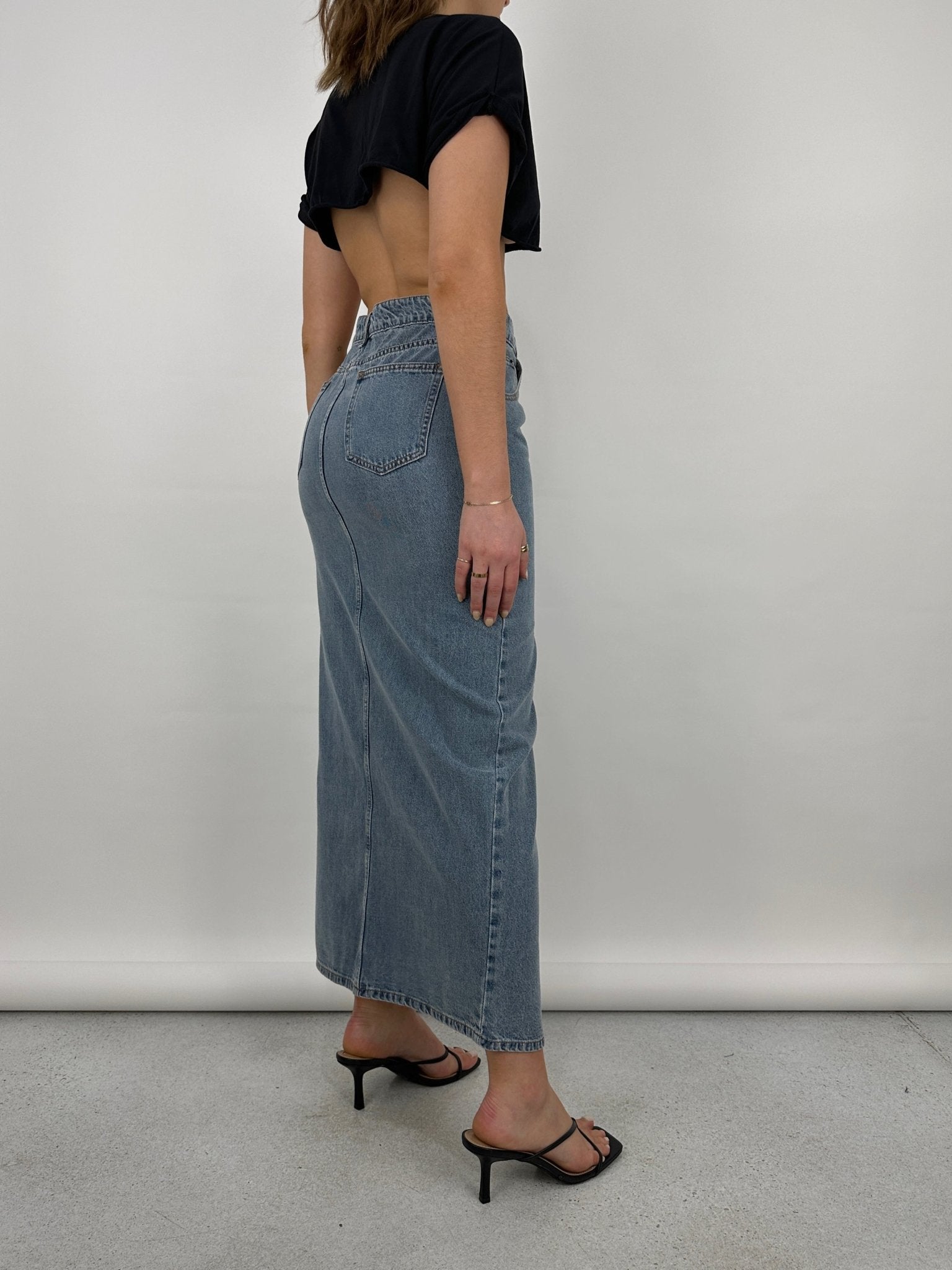 Slit Front Denim Midi Skirt - Vamp Official