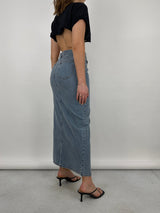 Slit Front Denim Midi Skirt - Vamp Official