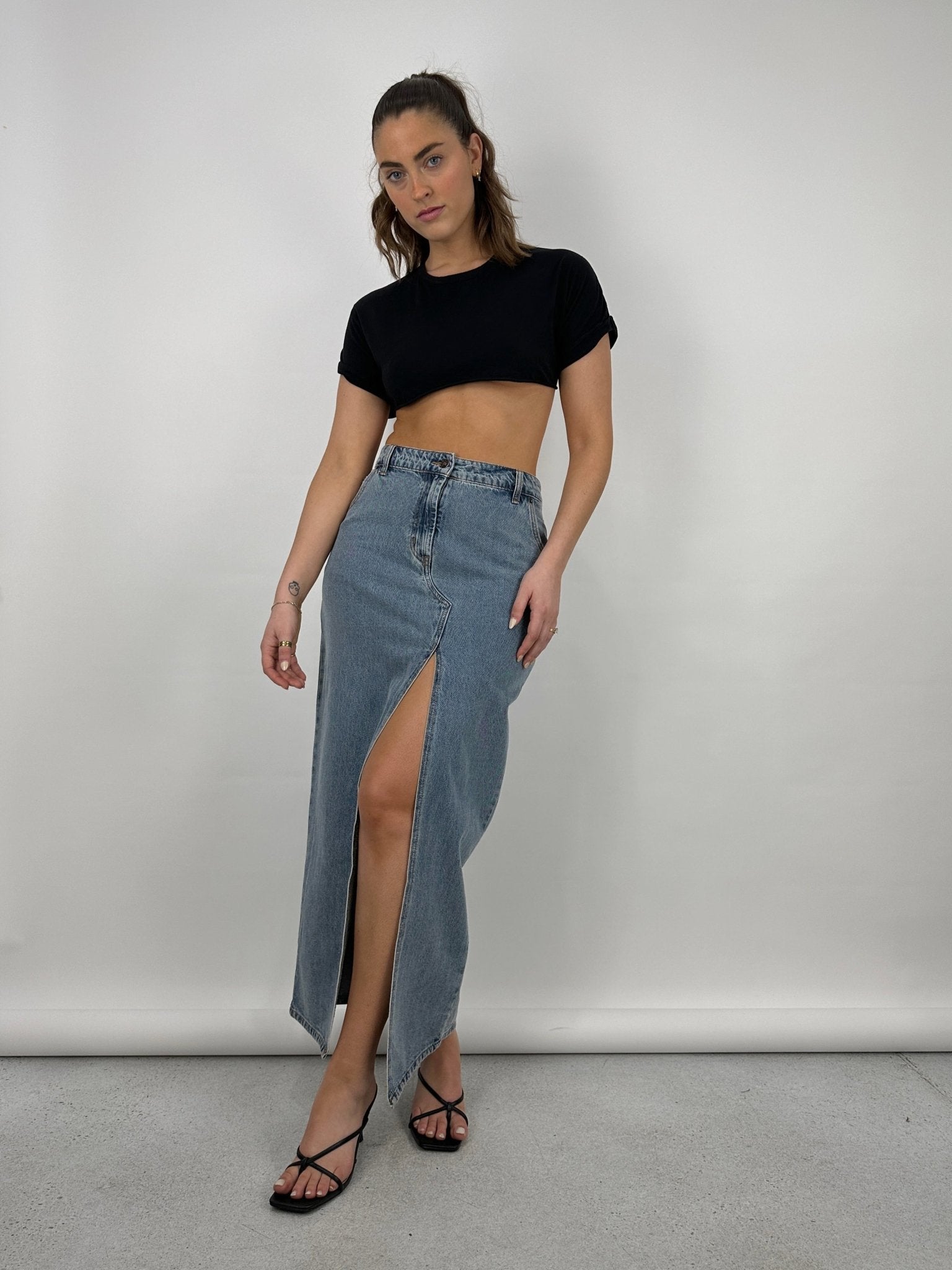 Slit Front Denim Midi Skirt - Vamp Official