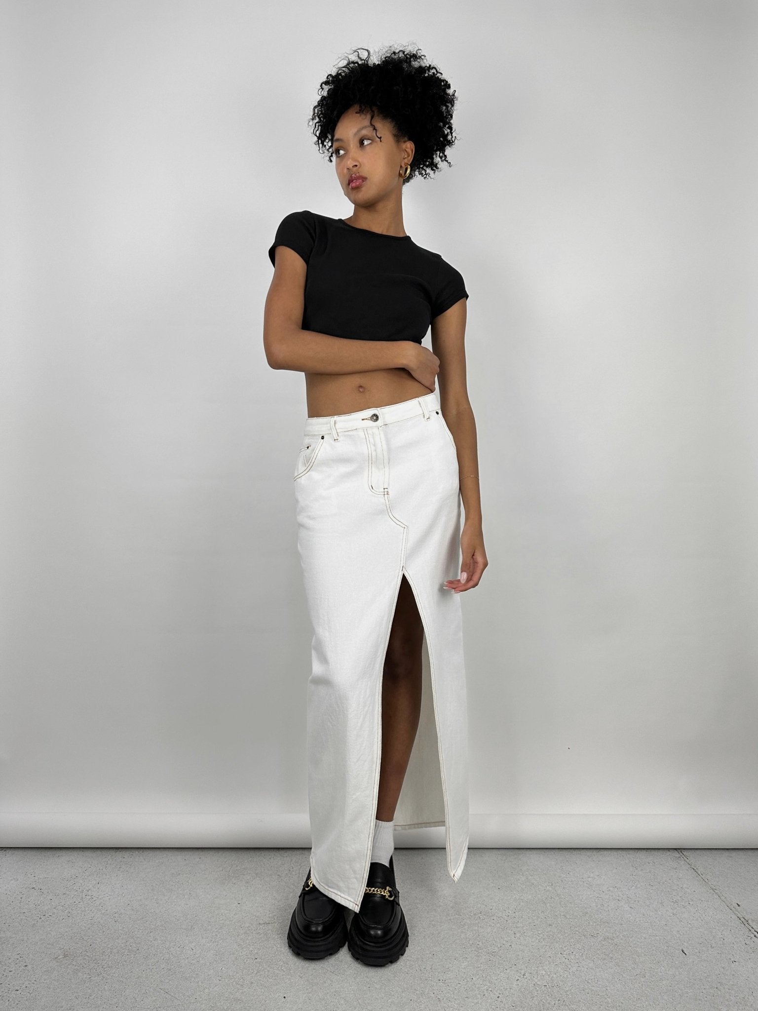 Slit Front Denim Midi Skirt - Vamp Official