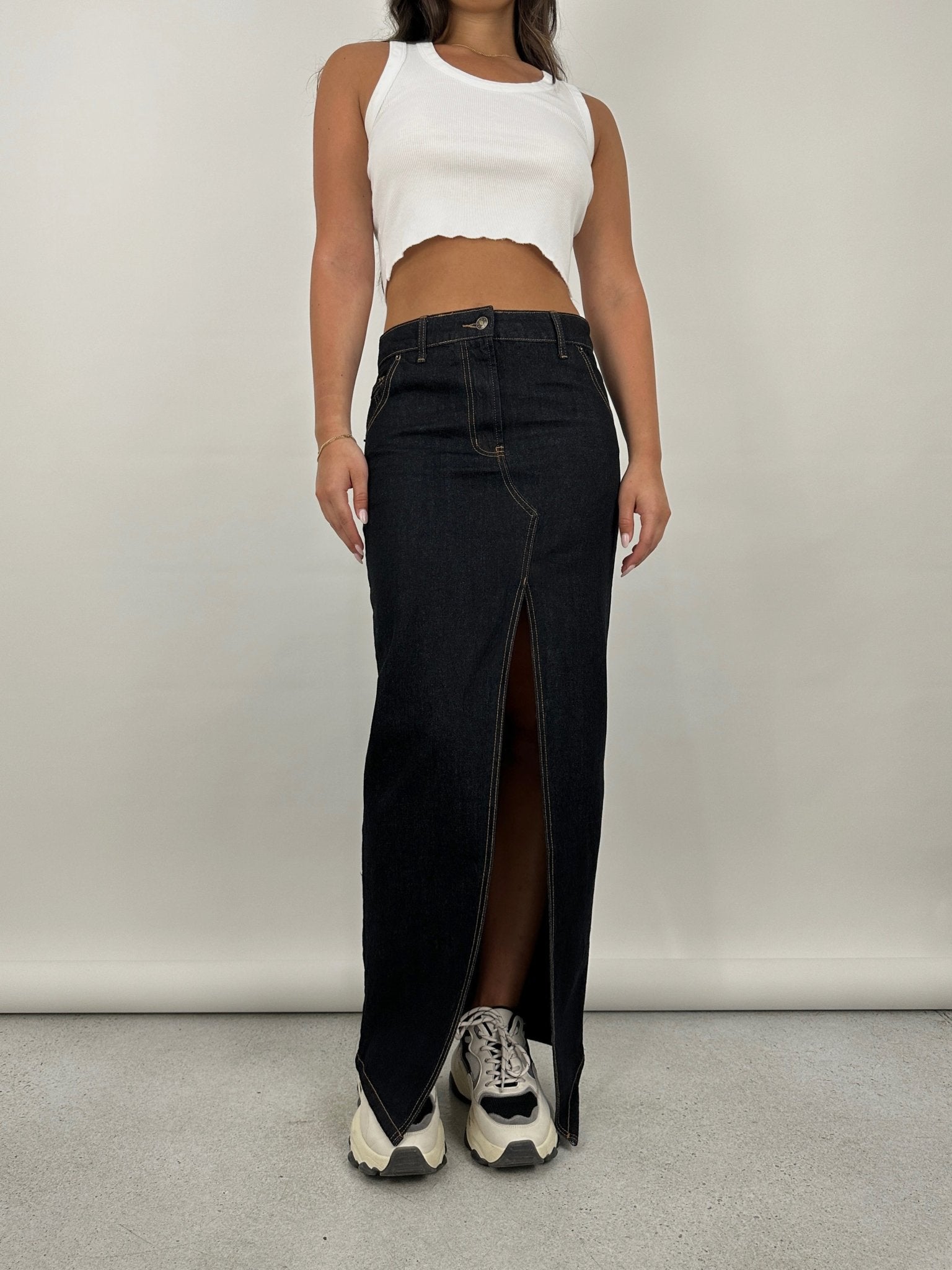 Slit Front Denim Midi Skirt - Vamp Official