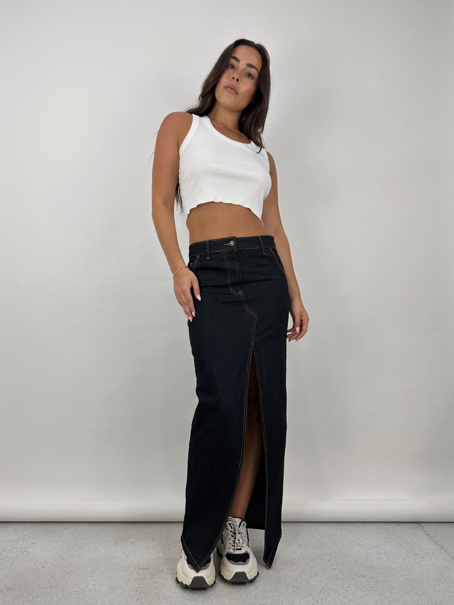 Slit Front Denim Midi Skirt - Vamp Official